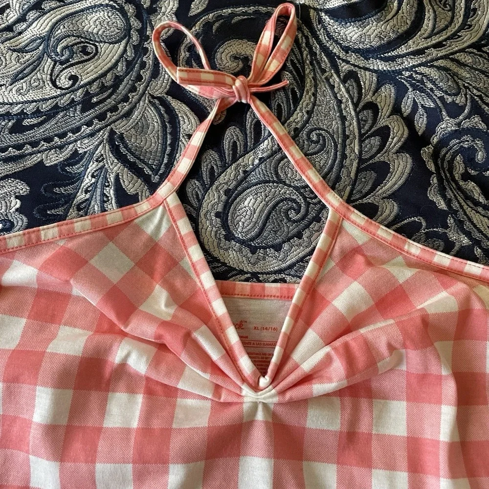 Cat Jack Girls Peach White Gingham Halter Sleepwear Dress XL 14-16 Flame‎ Resist